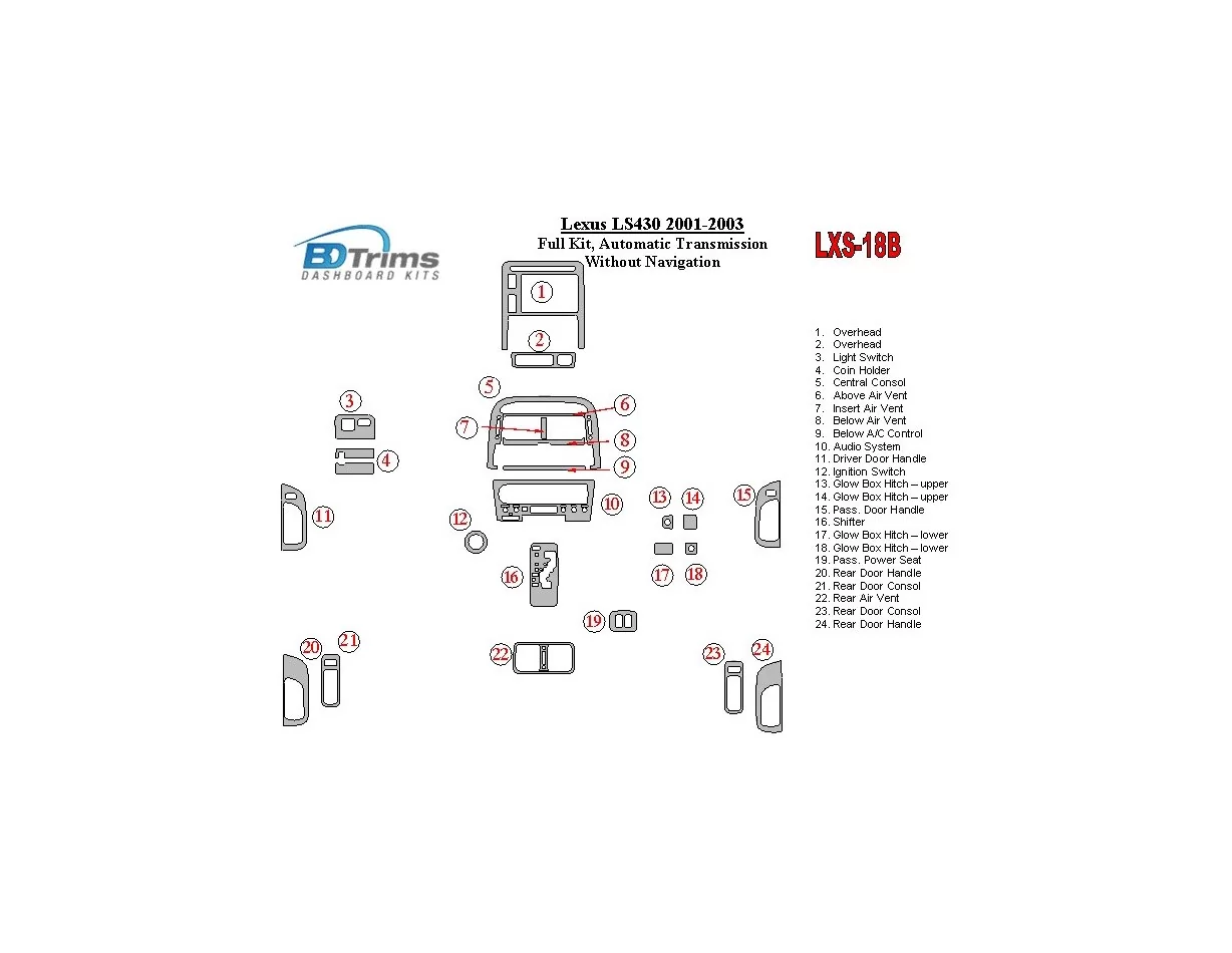 Lexus LS 2001-2003 Full Set, Automatic Gear, Without Navigation Interior BD Dash Trim Kit - 1 - Interior Dash Trim Kit