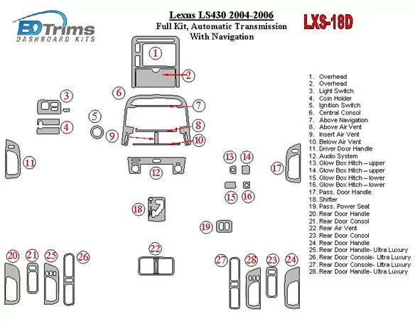 Lexus LS 2004-2006 Full Set, Automatic Gear, With Navigation Interior BD Dash Trim Kit - 1 - Interior Dash Trim Kit