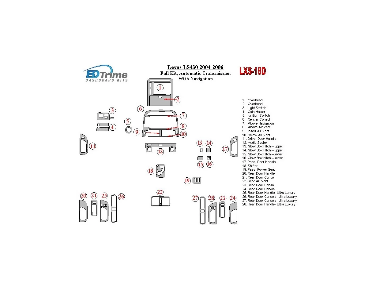 Lexus LS 2004-2006 Full Set, Automatic Gear, With Navigation Interior BD Dash Trim Kit - 1 - Interior Dash Trim Kit