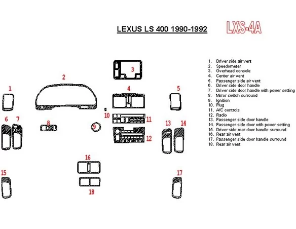 Lexus LS-400 1990-1992 Full Set, OEM Compliance, 18 Parts set Interior BD Dash Trim Kit - 1 - Interior Dash Trim Kit