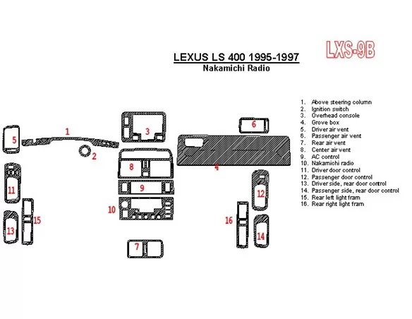 Lexus LS-400 1995-1997 Nakamichi Radio, OEM Compliance, 6 Parts set Interior BD Dash Trim Kit - 1 - Interior Dash Trim Kit