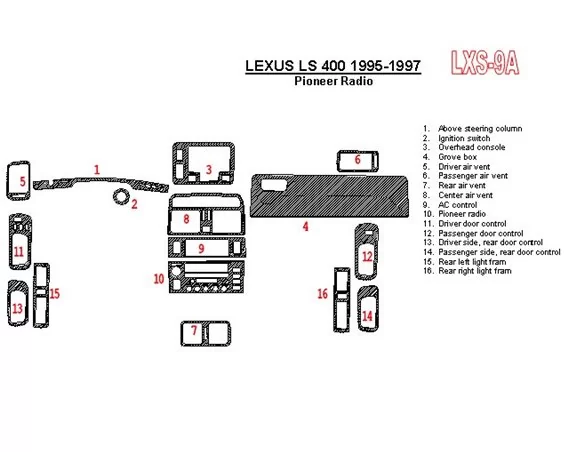 Lexus LS-400 1995-1997 Pioneer Radio, OEM Compliance, 6 Parts set Interior BD Dash Trim Kit - 1 - Interior Dash Trim Kit
