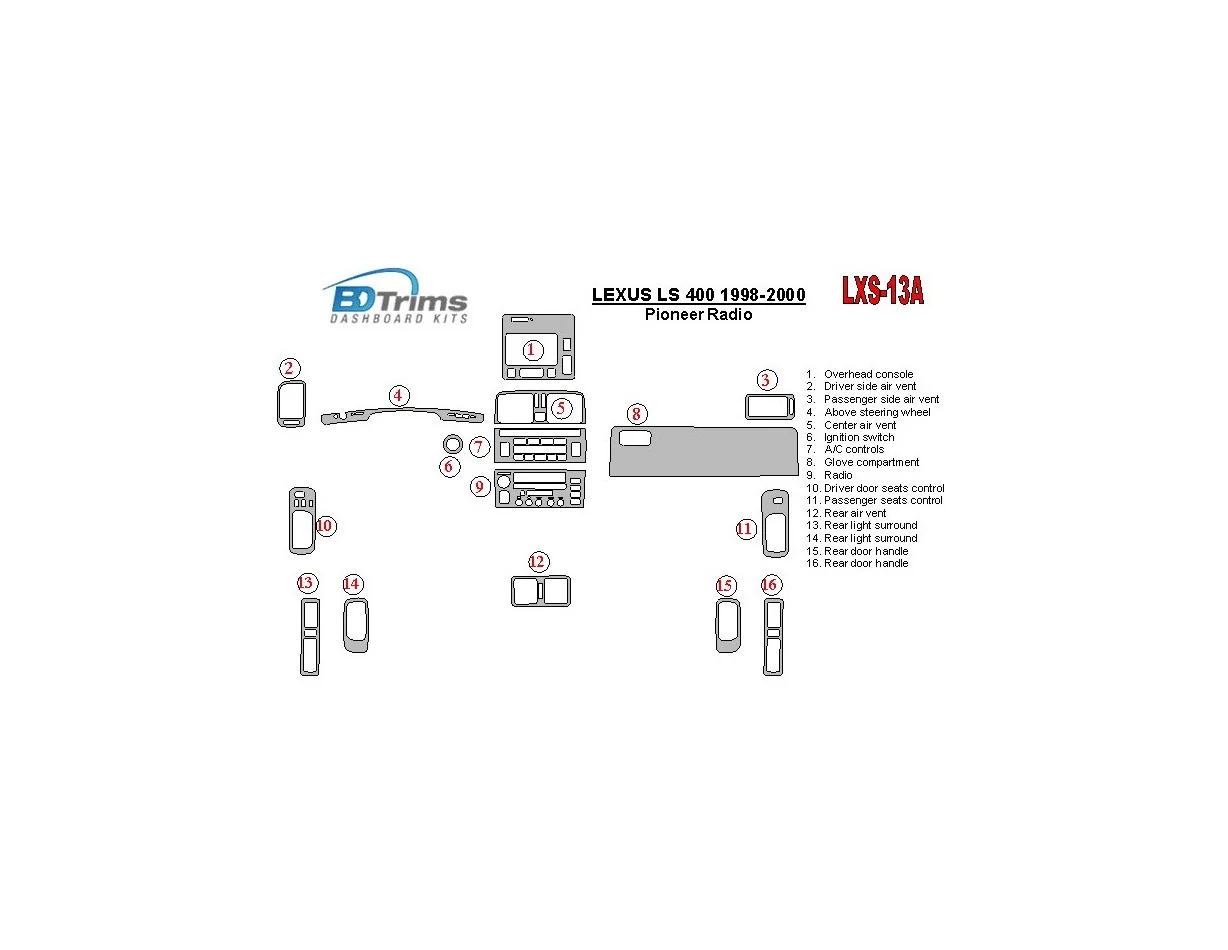Lexus LS-400 1998-2000 Pioneer Radio, Without NAVI system, OEM Compliance Interior BD Dash Trim Kit - 1 - Interior Dash Trim Kit