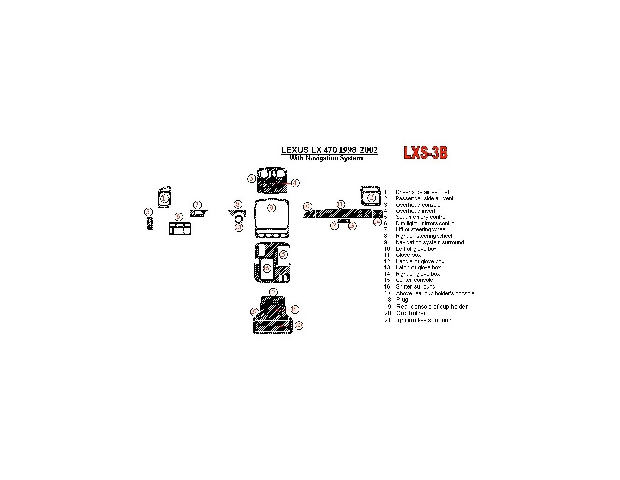 Lexus LX-470 1998-UP With NAVI system, 22 Parts set OEM Compliance Interior BD Dash Trim Kit - 1 - Interior Dash Trim Kit