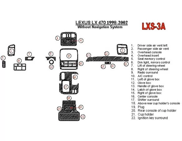 Lexus LX-470 1998-UP Without NAVI system, 22 Parts set OEM Compliance Interior BD Dash Trim Kit - 1 - Interior Dash Trim Kit