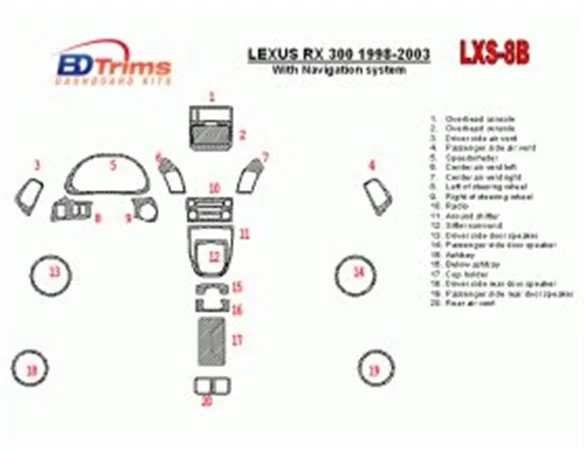 Lexus RX 1998-2003 With NAVI system, OEM Compliance, 20 Parts set Interior BD Dash Trim Kit - 1 - Interior Dash Trim Kit