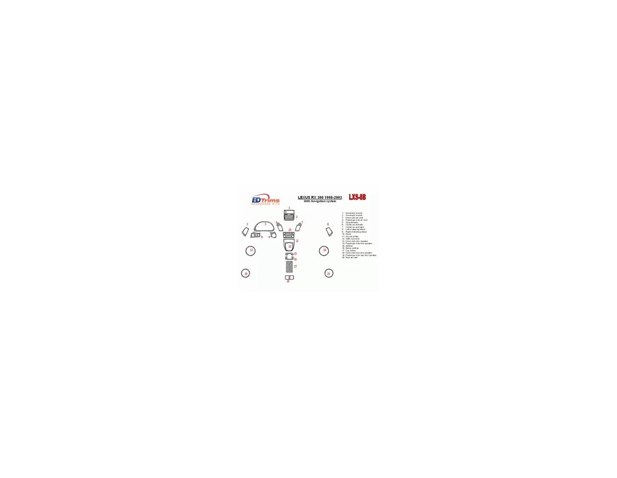 Lexus RX 1998-2003 With NAVI system, OEM Compliance, 20 Parts set Interior BD Dash Trim Kit - 1 - Interior Dash Trim Kit
