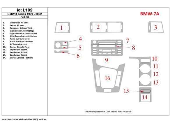 BMW 3 1999-2002 Full Set Interior BD Dash Trim Kit - 1 - Interior Dash Trim Kit
