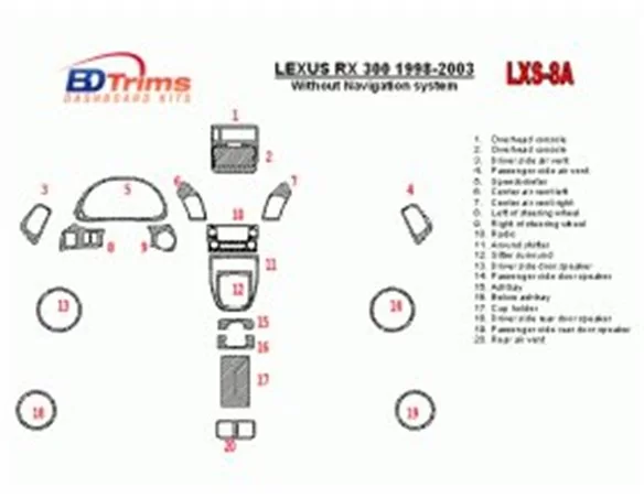 Lexus RX 1998-2003 Without NAVI system, OEM Compliance, 20 Parts set Interior BD Dash Trim Kit - 1 - Interior Dash Trim Kit
