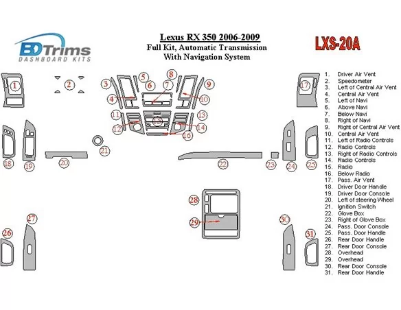 Lexus RX 350 2006-UP Full Set, Automatic Gear, With Navigation Interior BD Dash Trim Kit - 1 - Interior Dash Trim Kit
