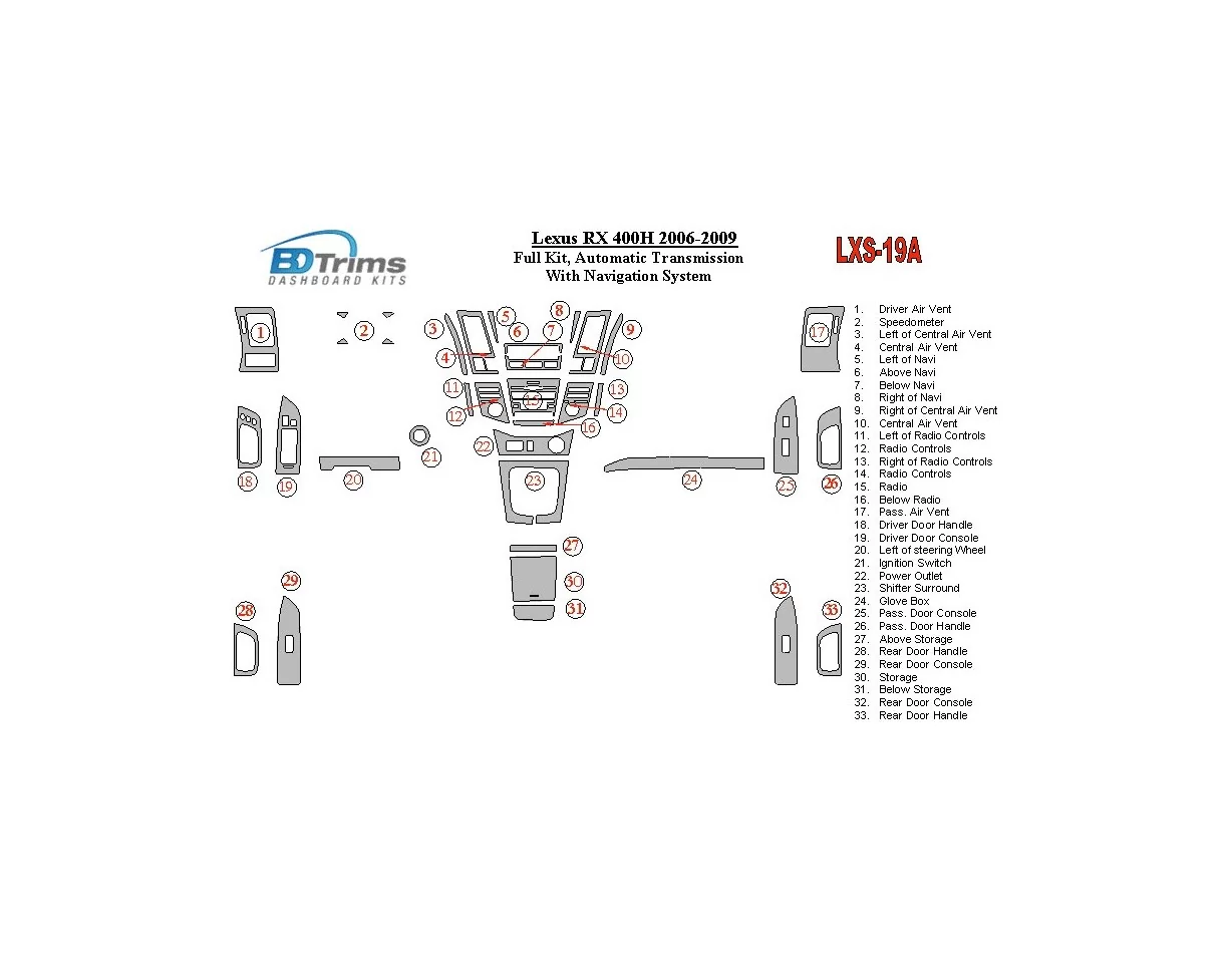 Lexus RX 400H 2006-UP Full Set, Automatic Gear, With Navigation Interior BD Dash Trim Kit - 1 - Interior Dash Trim Kit