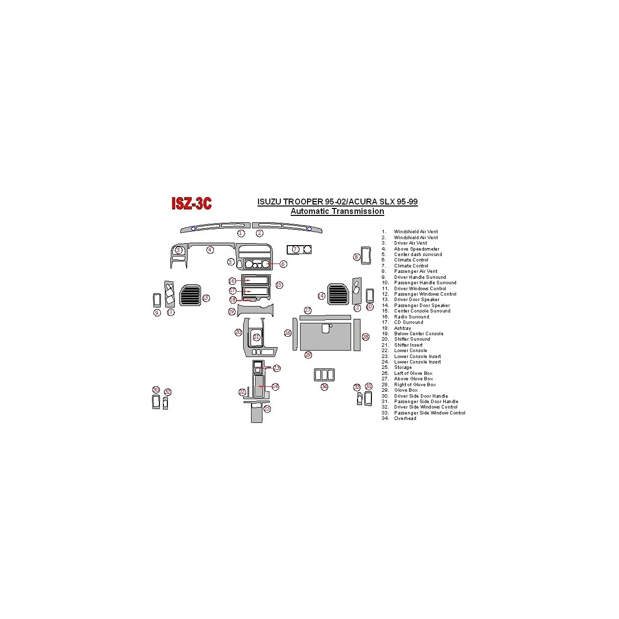 Isuzu Trooper 1995-2002 Full Set, Automatic Gear Interior BD Dash Trim Kit