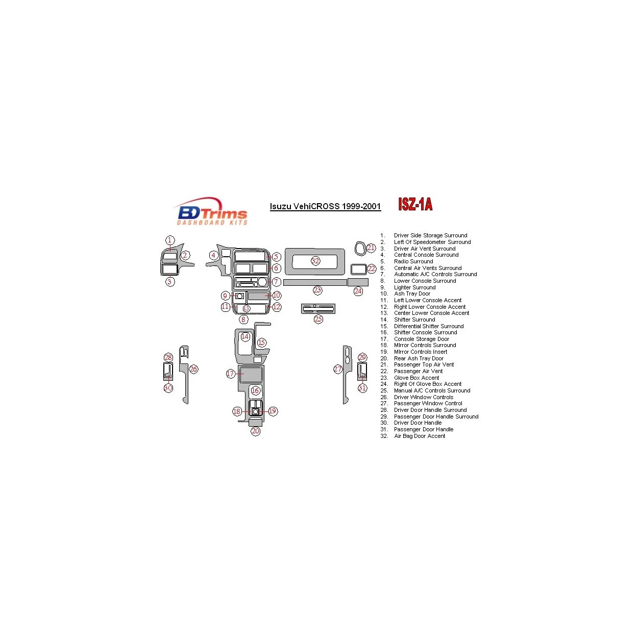 Isuzu VehiCROSS 1999-2001 Full Set Interior BD Dash Trim Kit
