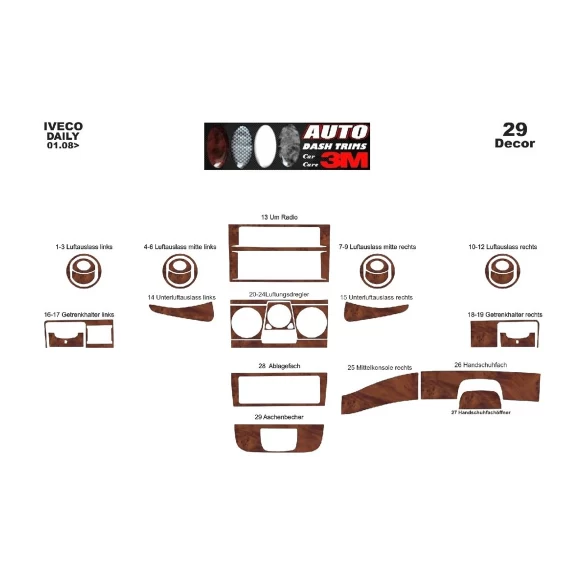 Iveco Daily 01.2007 3D Interior Dashboard Trim Kit Dash Trim Dekor 29-Parts
