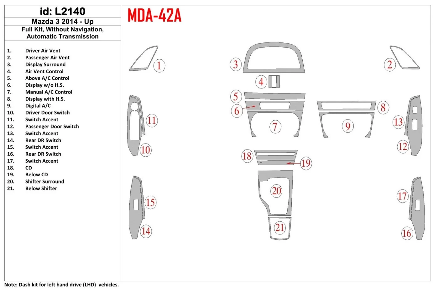 Mazda 3 2014-UP Full Set, Without NAVI, Automatic Gearbox Interior BD Dash Trim Kit - 1 - Interior Dash Trim Kit