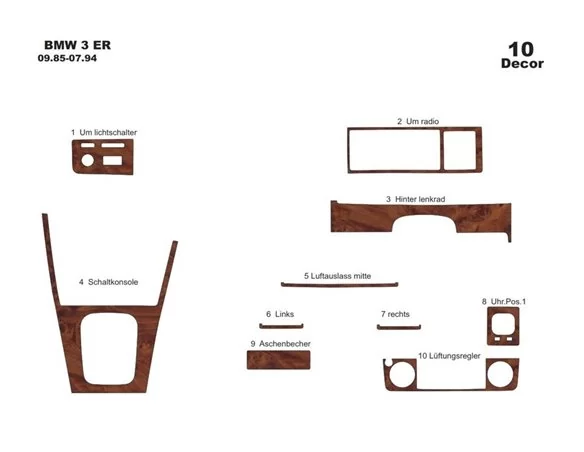 BMW 3 Series E30 09.85-07.94 3D Interior Dashboard Trim Kit Dash Trim Dekor 10-Parts