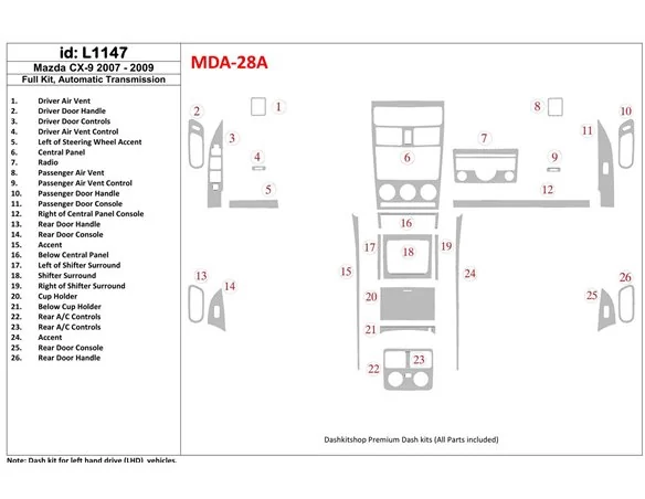 Mazda CX9 2007-2009 Full Set, Automatic Gear Interior BD Dash Trim Kit - 1 - Interior Dash Trim Kit