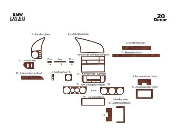 BMW 3 Series E36 01.91-04.98 3D Interior Dashboard Trim Kit Dash Trim Dekor 20-Parts