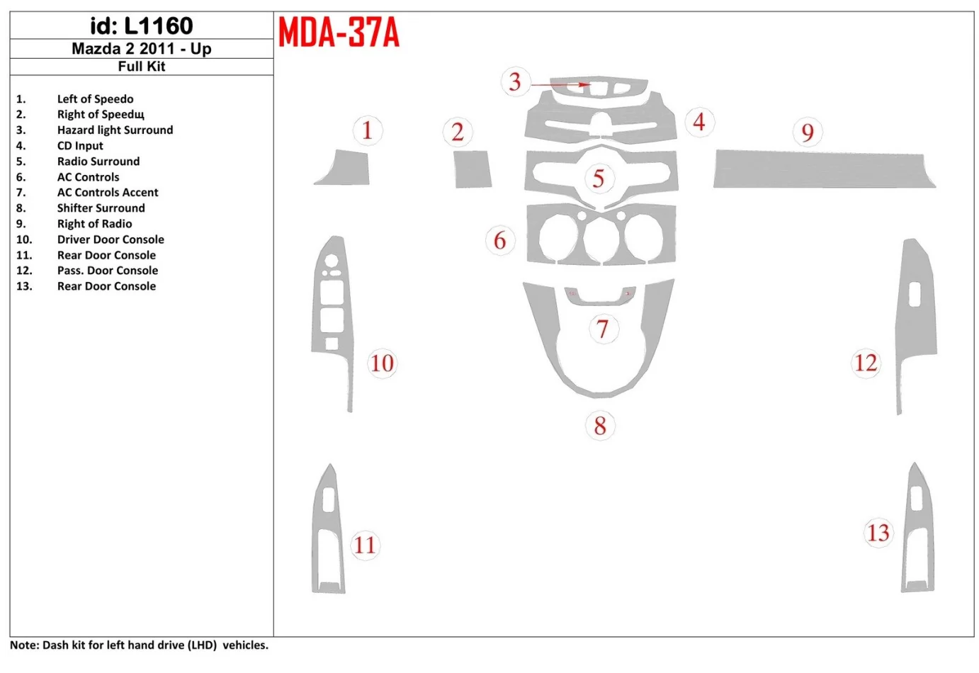 Mazda Mazda 2 2011-UP Full Set Interior BD Dash Trim Kit - 1 - Interior Dash Trim Kit