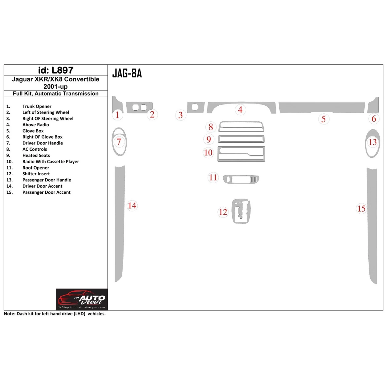 Jaguar XKR/XK8 2001-UP Full Set, Automatic Gear Interior BD Dash Trim Kit