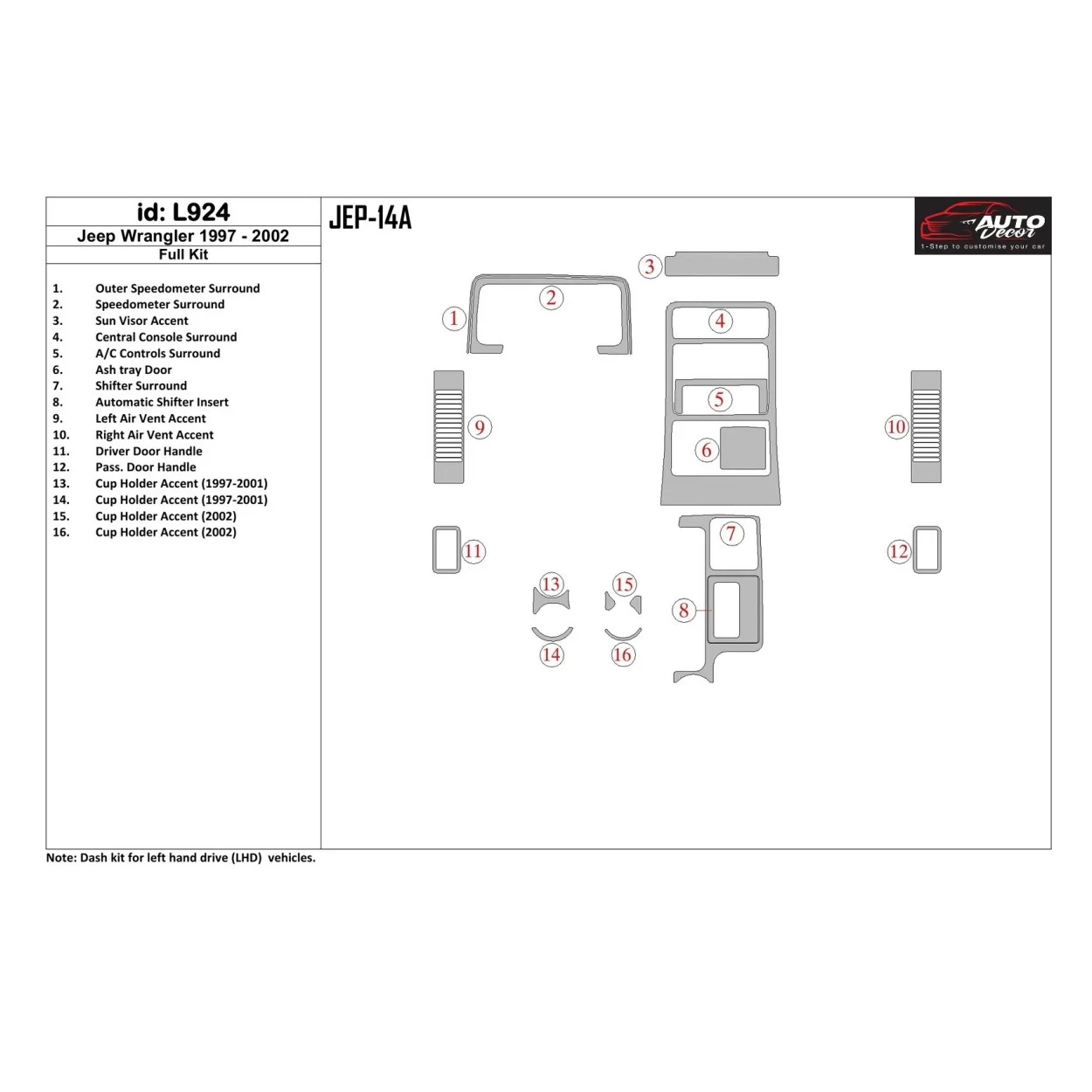 Jeep Cherokee 1997-2001 Full Set, Automatic Gear Interior BD Dash Trim Kit