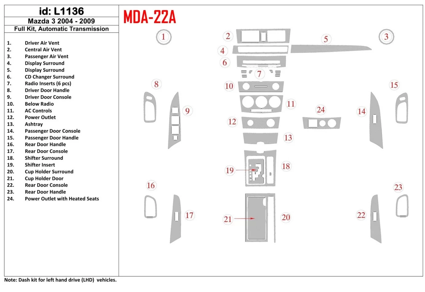 Mazda Mazda3 2004-2009 Automatic Gear, With NAVI Interior BD Dash Trim Kit - 1 - Interior Dash Trim Kit