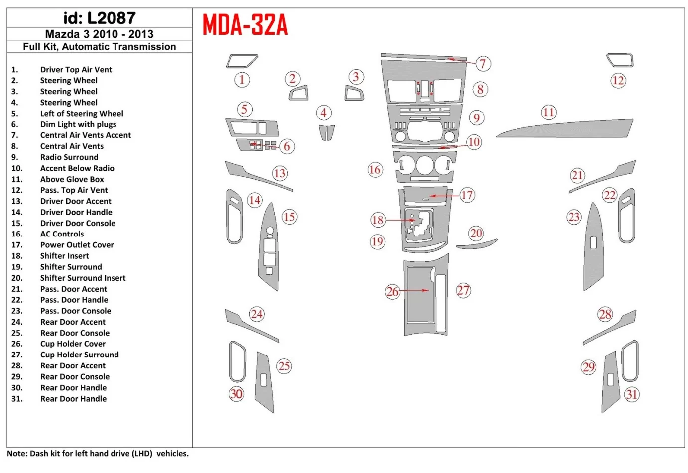 Mazda Mazda3 2010-2013 Full Set, Automatic Gear Interior BD Dash Trim Kit - 1 - Interior Dash Trim Kit