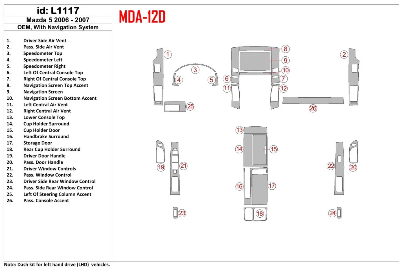 Mazda Mazda5 2006-2007 OEM, With NAVI Interior BD Dash Trim Kit - 1 - Interior Dash Trim Kit
