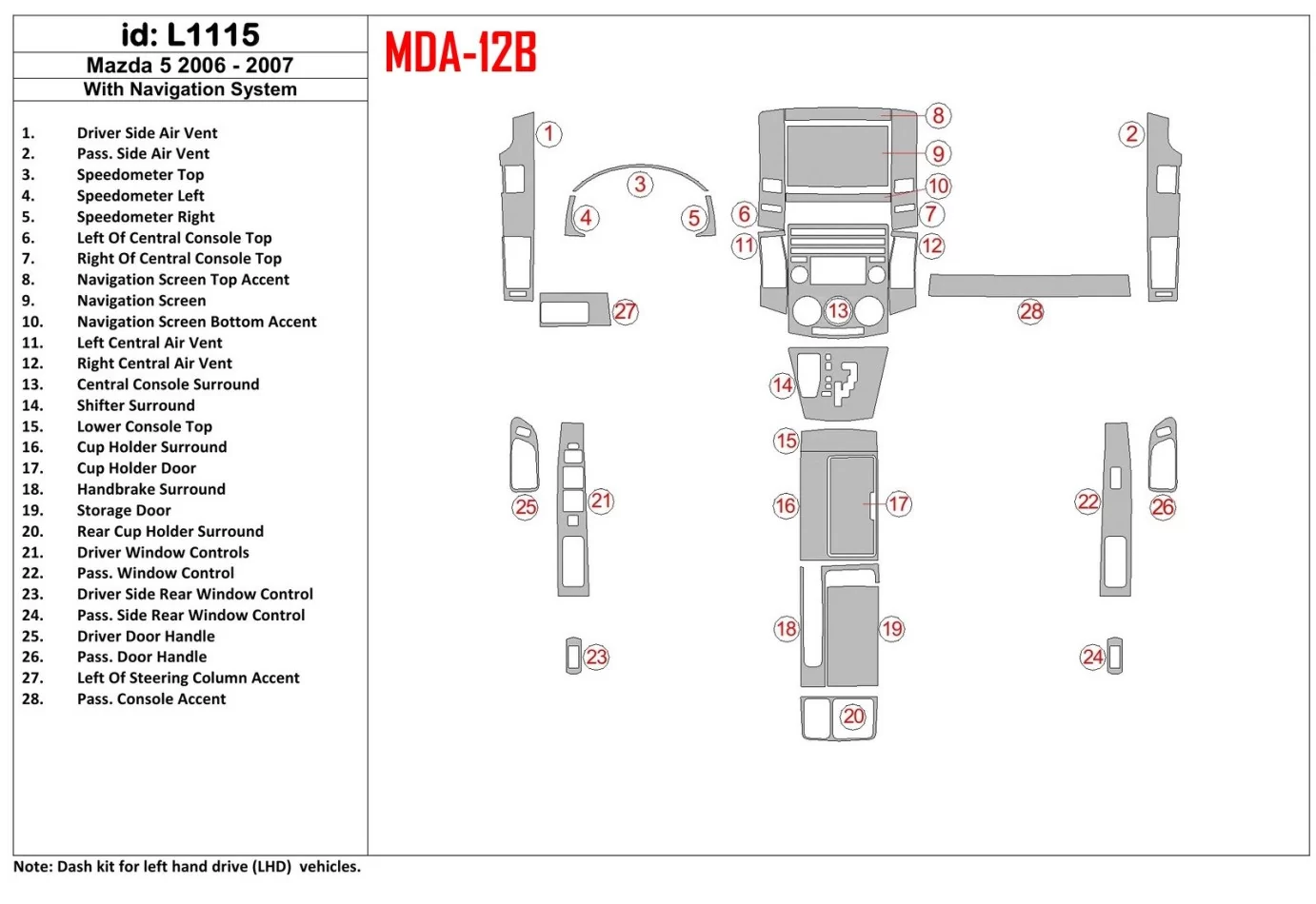 Mazda Mazda5 2006-2007 With NAVI Interior BD Dash Trim Kit - 1 - Interior Dash Trim Kit
