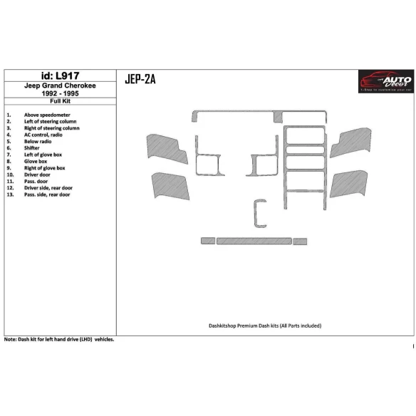 Jeep Grand Cherokee 1992-1995 Full Set, 13 Parts set Interior BD Dash Trim Kit