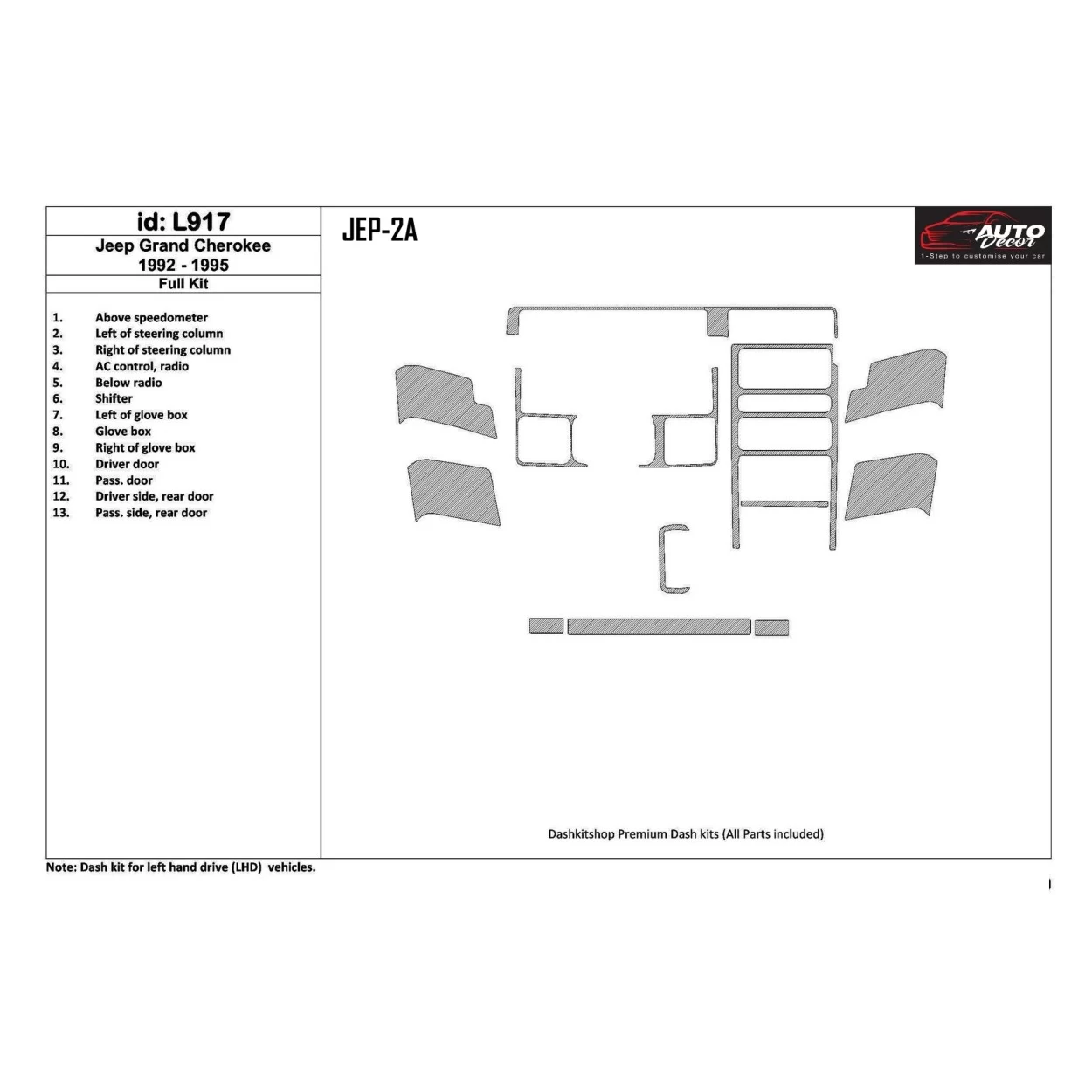 Jeep Grand Cherokee 1992-1995 Full Set, 13 Parts set Interior BD Dash Trim Kit