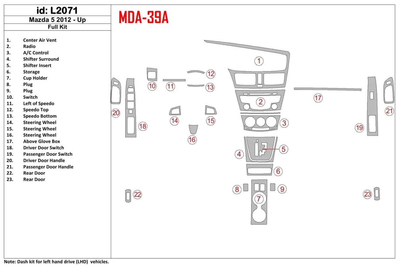 Mazda Mazda5 2012-UP Full Set Interior BD Dash Trim Kit - 1 - Interior Dash Trim Kit