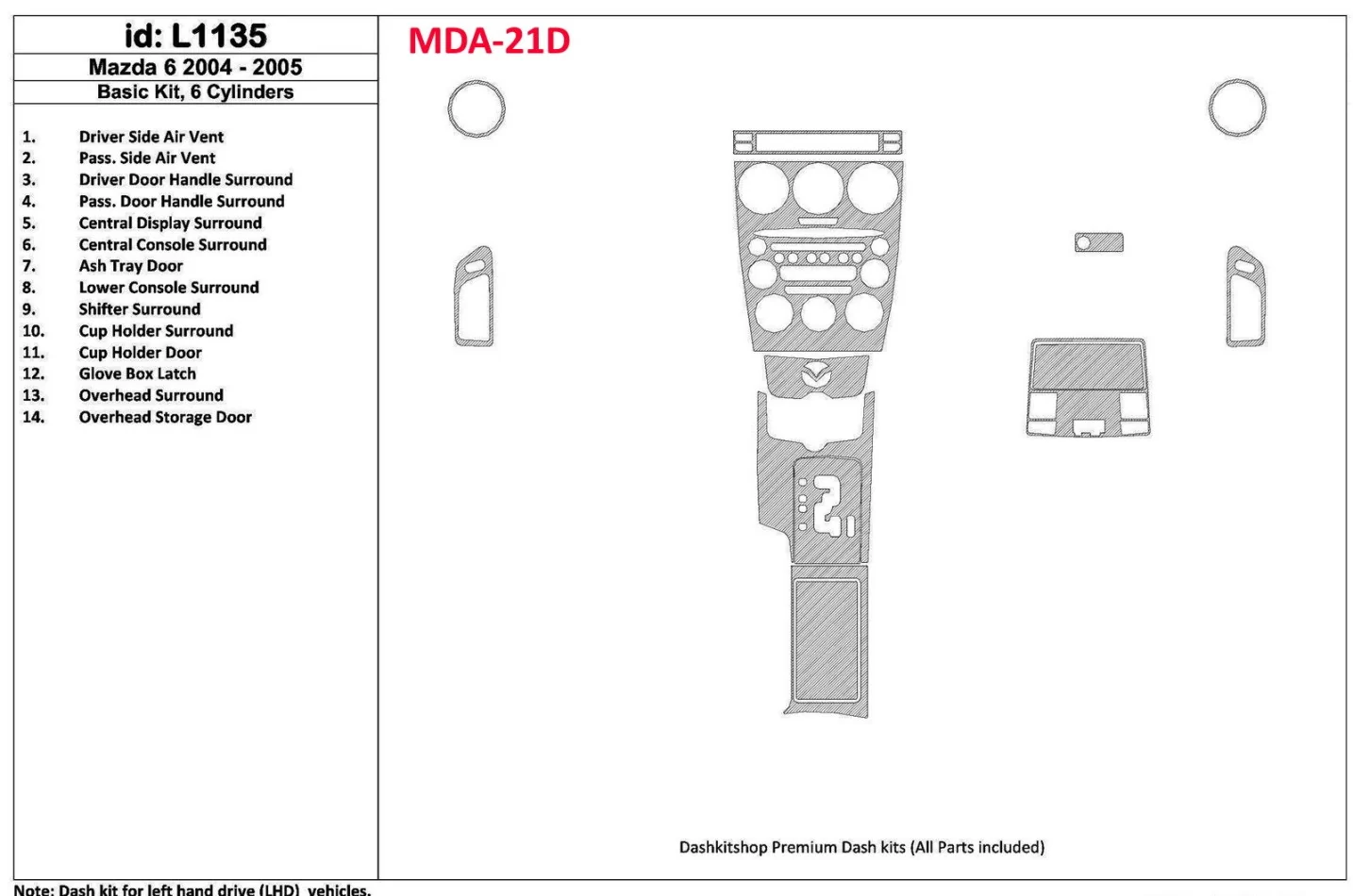 Mazda Mazda6 2004-2005 Basic Set, 6 Cylinders Interior BD Dash Trim Kit - 1 - Interior Dash Trim Kit
