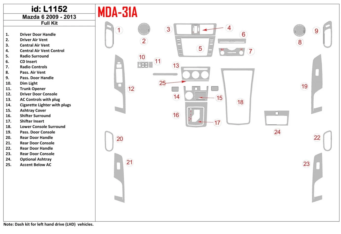 Mazda Mazda6 2009-UP Full Set Interior BD Dash Trim Kit - 1 - Interior Dash Trim Kit