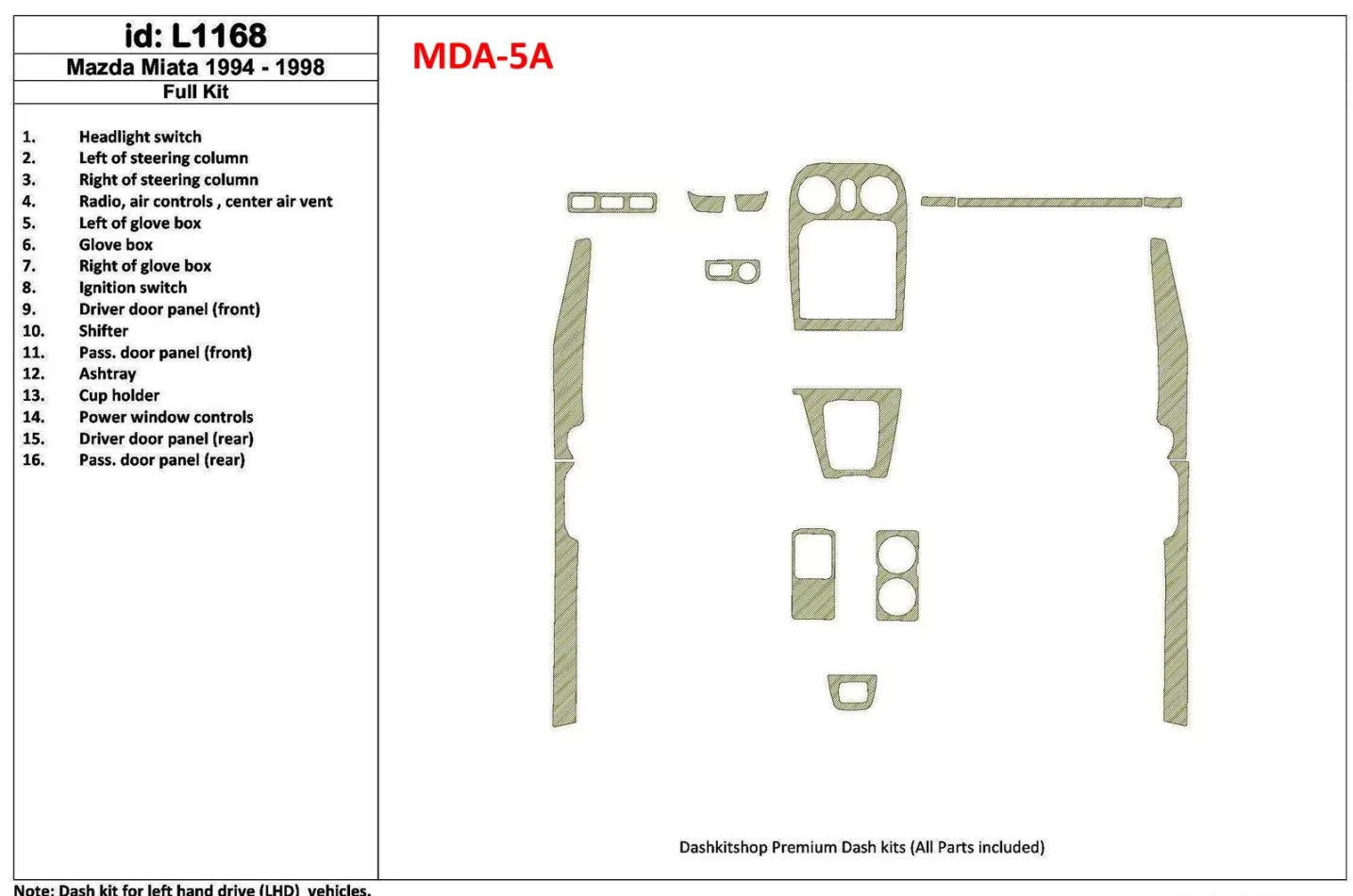 Mazda Miata 1994-1998 Full Set, 16 Parts set Interior BD Dash Trim Kit - 1 - Interior Dash Trim Kit