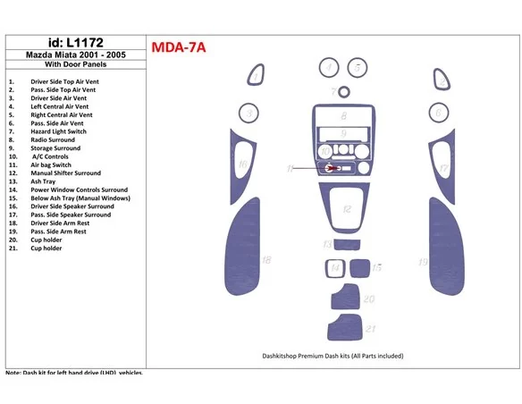 Mazda Miata 2001-2005 With Door panels, 21 Parts set Interior BD Dash Trim Kit - 1 - Interior Dash Trim Kit