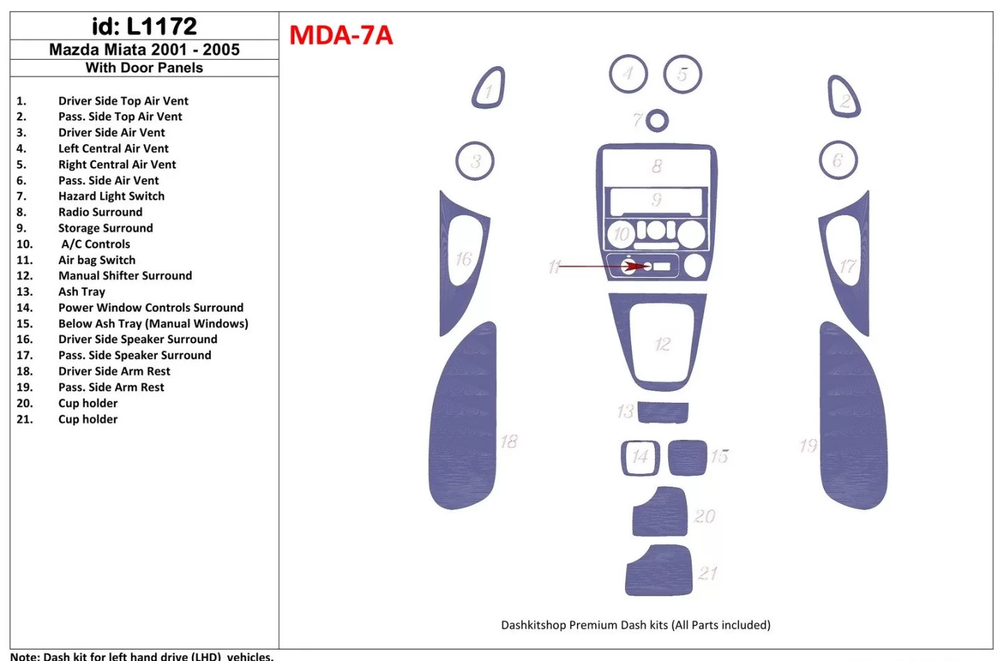 Mazda Miata 2001-2005 With Door panels, 21 Parts set Interior BD Dash Trim Kit - 1 - Interior Dash Trim Kit