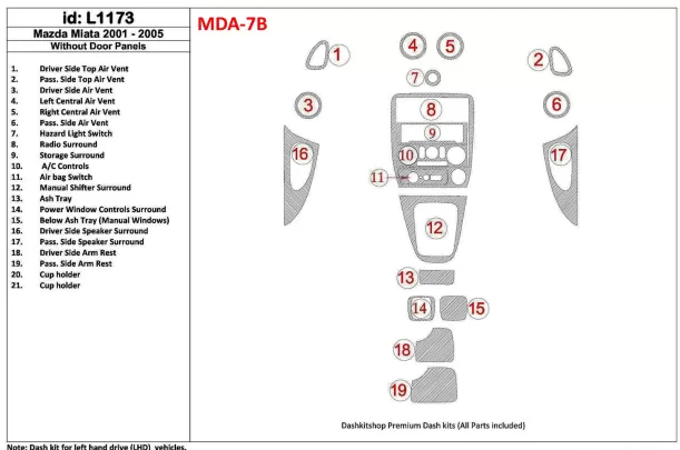 Mazda Miata 2001-2005 Without Door panels, 19 Parts set Interior BD Dash Trim Kit - 1 - Interior Dash Trim Kit