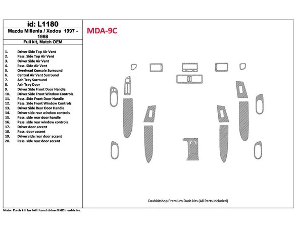 Mazda Milenia 1997-1998 Full Set, OEM Compliance, 20 Parts set Interior BD Dash Trim Kit - 1 - Interior Dash Trim Kit
