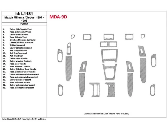 Mazda Milenia 1997-1998 Without Fabric, 23 Parts set Interior BD Dash Trim Kit - 1 - Interior Dash Trim Kit