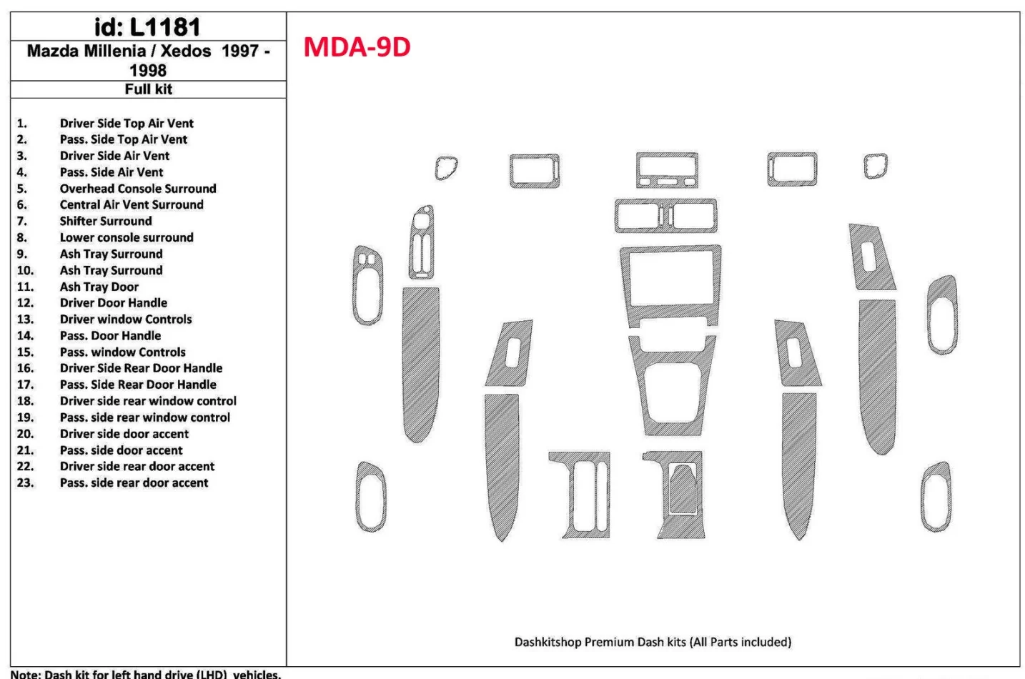 Mazda Milenia 1997-1998 Without Fabric, 23 Parts set Interior BD Dash Trim Kit - 1 - Interior Dash Trim Kit