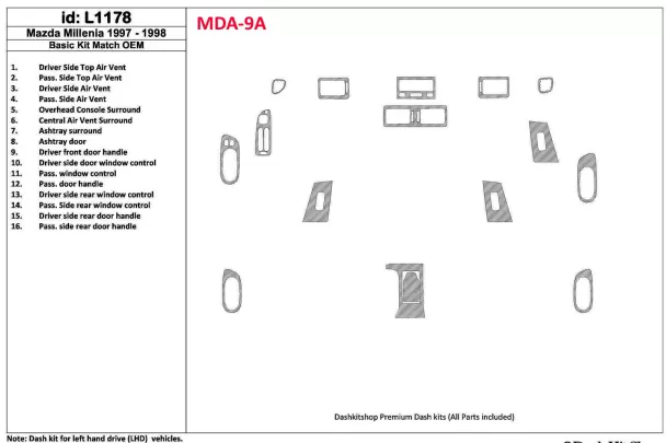 Mazda Milenia 1998-1998 Full Set, OEM Compliance, 16 Parts set Interior BD Dash Trim Kit - 1 - Interior Dash Trim Kit