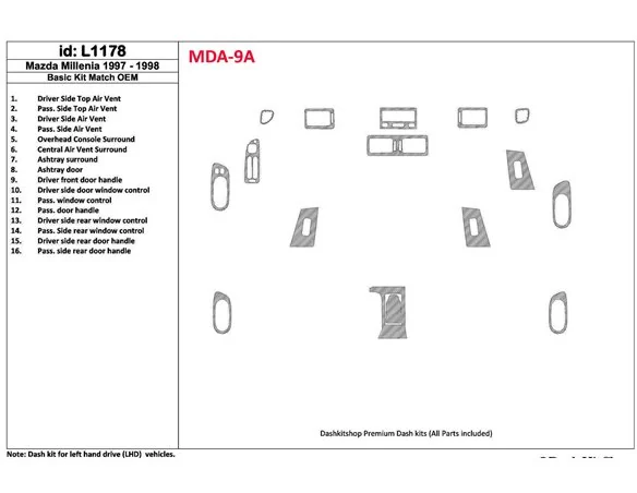 Mazda Milenia 1998-1998 Full Set, OEM Compliance, 16 Parts set Interior BD Dash Trim Kit - 1 - Interior Dash Trim Kit