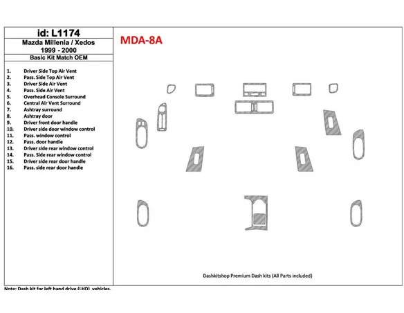 Mazda Milenia 1999-2000 Basic Set, OEM Compliance, 16 Parts set Interior BD Dash Trim Kit - 1 - Interior Dash Trim Kit
