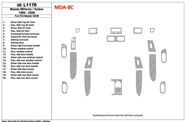 Mazda Milenia 1999-2000 Full Set, OEM Compliance, 20 Parts set Interior BD Dash Trim Kit - 1 - Interior Dash Trim Kit