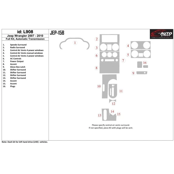 Jeep Wrangler 2007-2010 Full Set, Automatic Gear Interior BD Dash Trim Kit