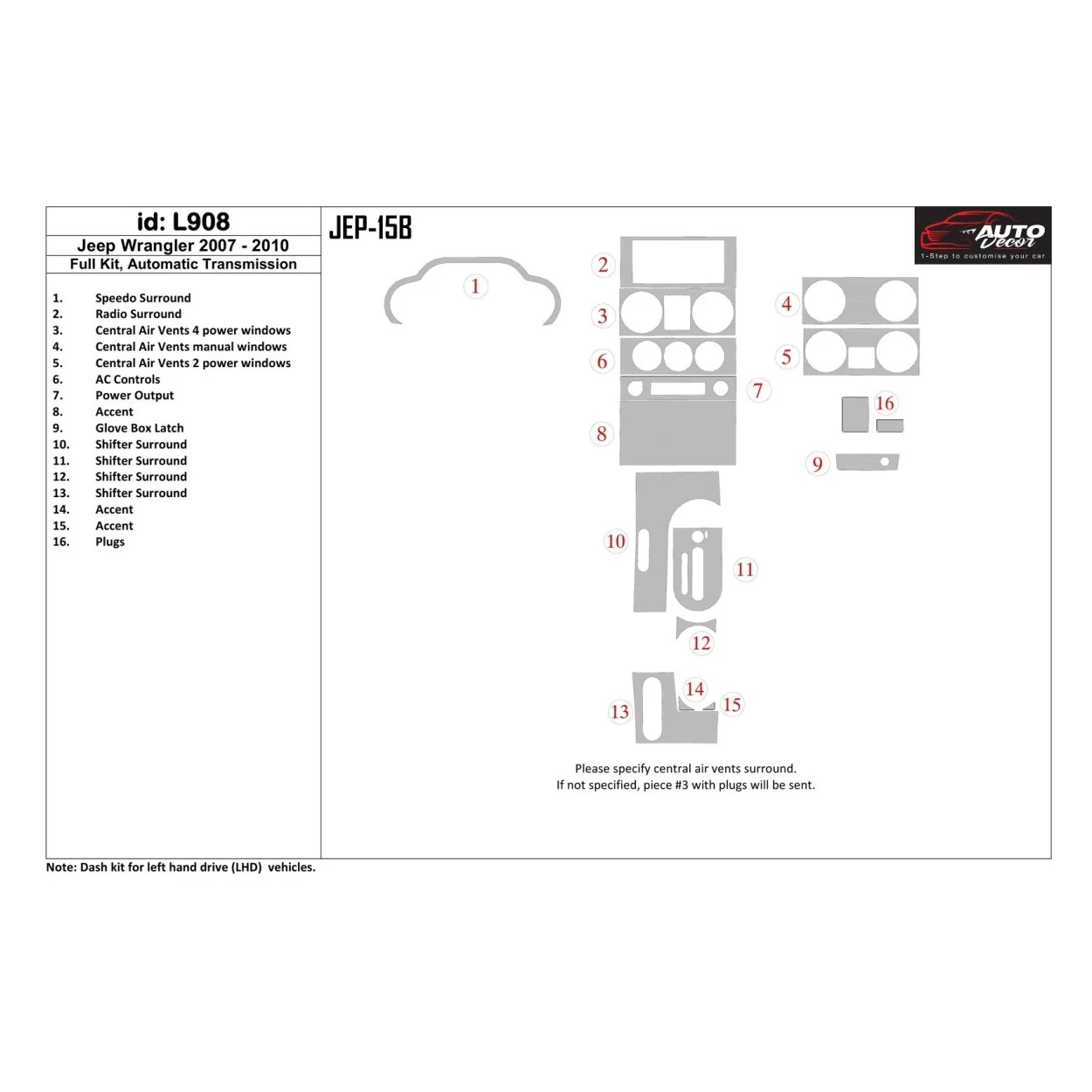 Jeep Wrangler 2007-2010 Full Set, Automatic Gear Interior BD Dash Trim Kit