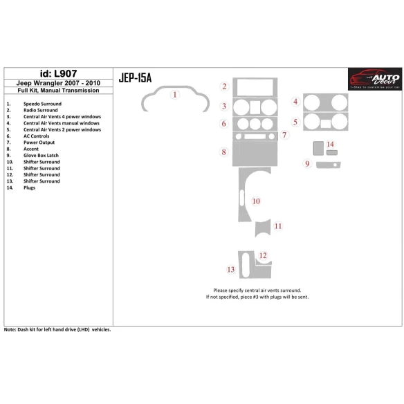 Jeep Wrangler 2007-2010 Full Set, Manual Gear Box Interior BD Dash Trim Kit