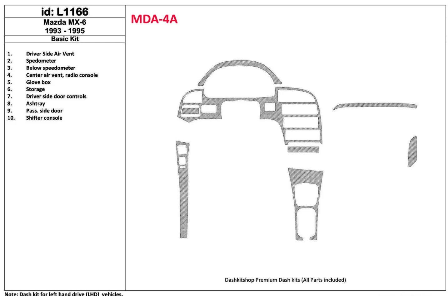Mazda MX-6 1993-1995 Full Set, 11 Parts set Interior BD Dash Trim Kit - 1 - Interior Dash Trim Kit