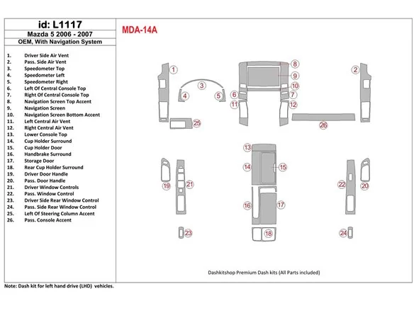 Mazda RX-7 1993-1995 Full Set, 5 Parts set Interior BD Dash Trim Kit - 1 - Interior Dash Trim Kit